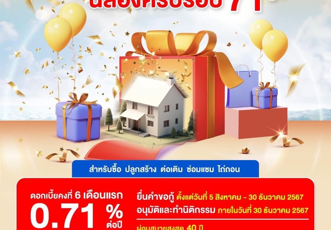 🏡 ธอส. ฉลองครบรอบ 71 ปี จัดสินเชื่อบ้านอัตราดอกเบี้ยต่ำ 6 เดือนแรกเพียง 0.71% ต่อปี กู้ 1 ล้านบาท ผ่อนชำระเริ่มต้น 2,400 บาท/เดือน เท่านั้น!! (สำหรับซื้อ ปลูกสร้าง ต่อเติม ซ่อมแซม ไถ่ถอน)